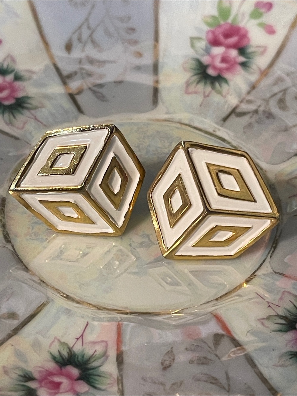 Vintage Lanvin Paris 3D White Enamel Gold-Plated Square Dice Clip On Earrings